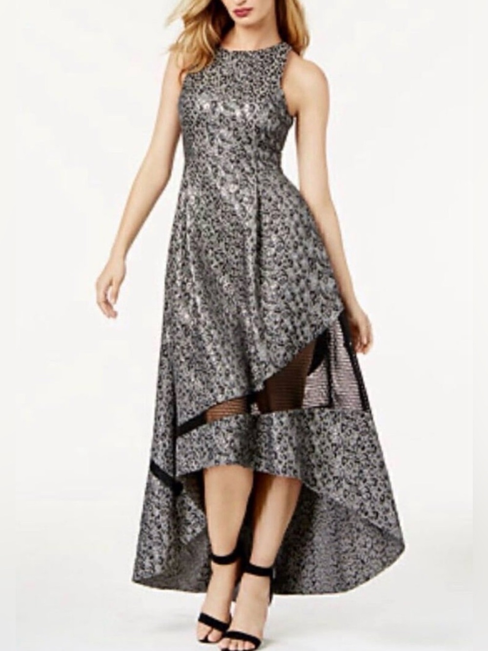 Sachin & Babi High-Low Silver Evening Sleeveless Mesh Dress